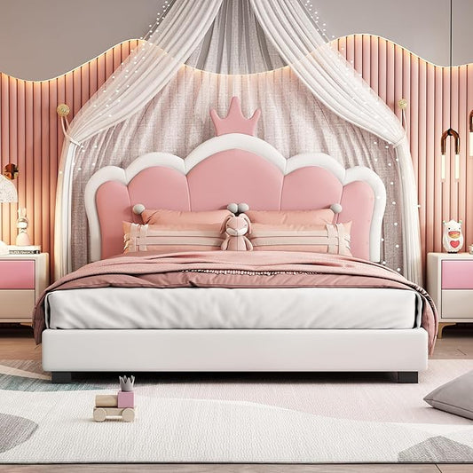 CITYLIGHT Full Size Pink Cute Bed, PU Upholstered Girl's Platform Bed Frame with Crown Headboard, Full Bed Frame for Kids and Teens, White+Pink