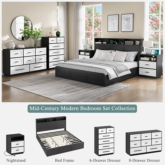 Nightstand with Charging Station, 21.7" Wide Bedside Table with 2 Storage Drawers & Open Shelf, Mid Century Modern Wood End Table for Bedroom, Living Room, Black/White