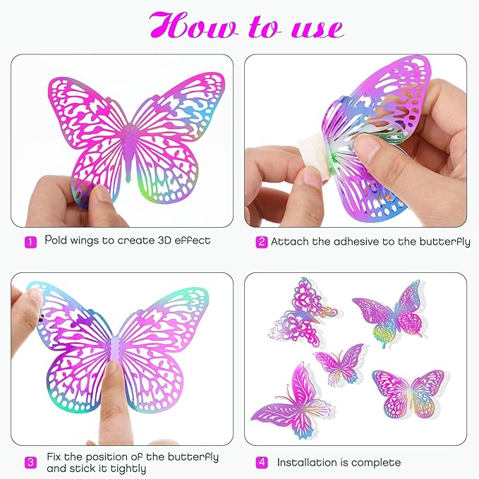 3D Butterfly Wall Decor 3 Sizes 4 Styles Butterfly Party Decorations Cake Decorations Removable Stickers Wall Decor Room Mural Metallic Kids (Laser Pink Purple, 96Pcs)