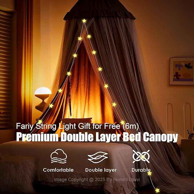 Double Layers Bed Canopy with Star Lights, 3 Pieces Layers Canopy for Girls Bed, Princess Round Dome Dreamy Play Tent, Hanging Kids Reading Nook Mosquito Net, Machine Washable - Gray