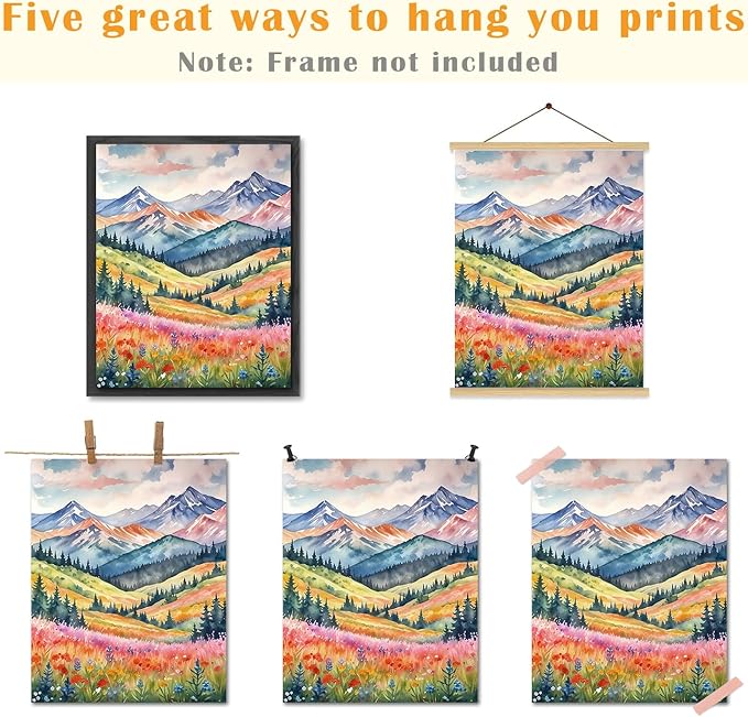 JINYO Boho Abstract Wildflower Mountain Scenery Wall Art Prints Set of 4, Modern Maximalist Colorful Floral Wall Decor Posters Pictures for Home Bedroom Living Room, 8x10 Unframed