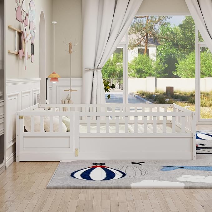 GDFStudio Full Size Floor Bed Frame with Opening Door & Guardrails, Montessori Toddler Full Bed Frame for Boys Girls, Wooden Low to Floor Bed Rails for Toddlers, Support Slat, White
