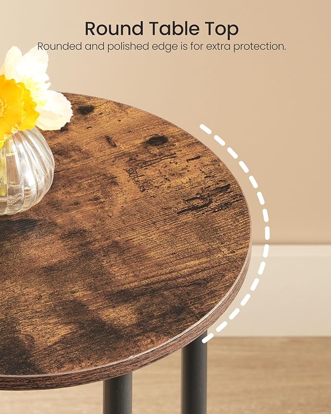 Side Table Set of 2, 2-Tier Round End Table, Small Nightstand with Sturdy Metal Tube, Industrial Coffee Table, for Living Room, Bedroom, Rustic Brown and Black TBZ01P2BF