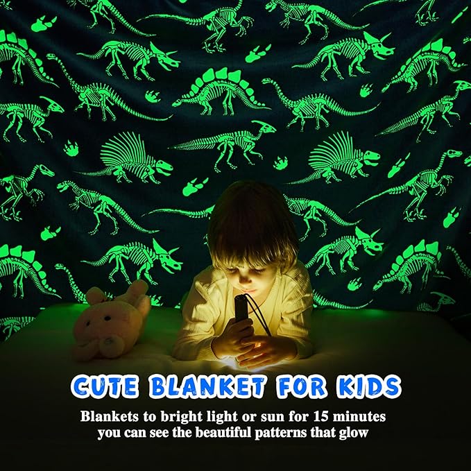 inhand Dinosaur Toys for Kids Glow in The Dark Dinosaur Blanket Christmas Birthday Valentine's Day Easter Party Decorations Favors,3 4 5 6 7 8 9 10 11 12 13 Year Old Boy Gifts（50"X60" Blue Dino