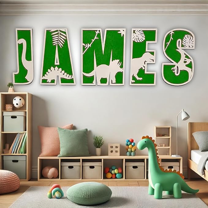 Personalized Wooden Name Sign - Custom Baby Name Signs for Nursery & Kids Room, Baby Announcement Sign, Wall Name Signs Personalized, Round Wooden Letters for Nursery Decor (Dinosaur)