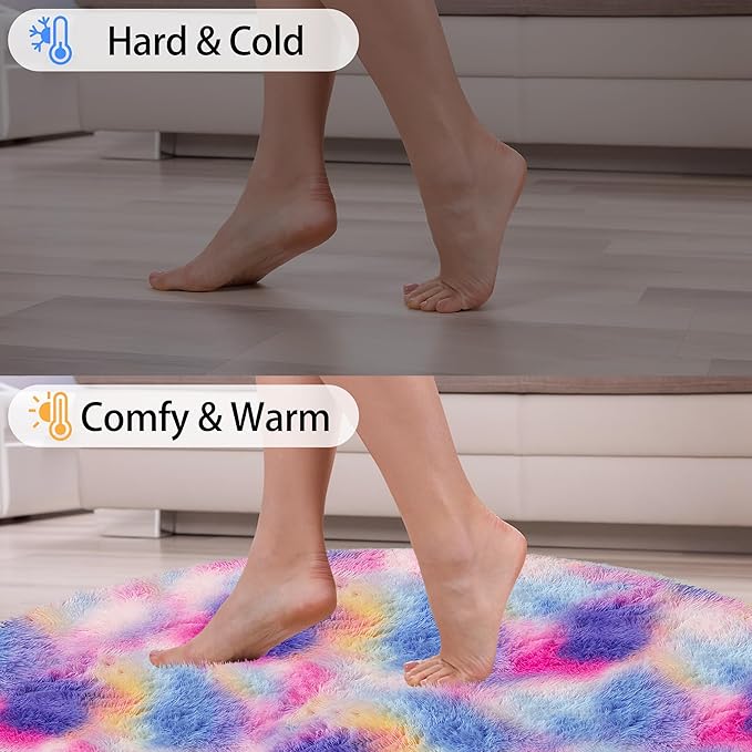 Fluffy 8 ft Large Round Pink Rainbow Area Rugs for Girls Bedroom, Colorful Soft Shaggy Circular Rug Plush Fluffy Big Carpet Fuzzy for Nursery Baby Room Playroom Cute Dorm Iving Room Home Decor