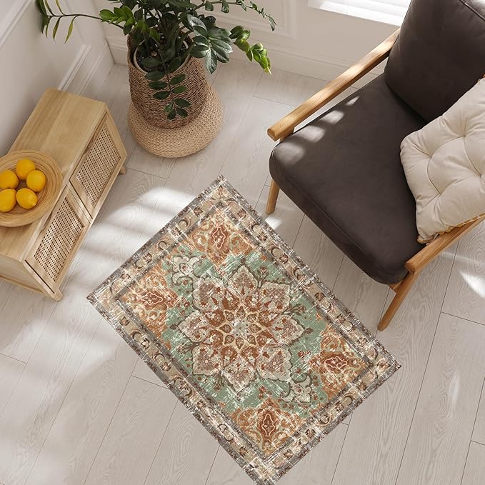 Vhong Boho Washable Area Rugs Vintage Neutral Modern Brick 2x3 Doormat Non Slip Small Carpet for Hallway Bathroom Entryway