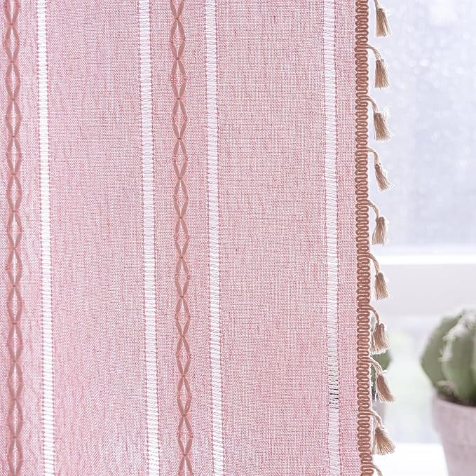 Deeprove Pink Boho Linen Curtains 63 inches Length for Baby Teenage Girl Bedroom Living Room Dining Nursery, Hollow Semi Sheer Curtains Darkening Embroidery Drape Window Treatment, 1 Panel W52 x L63