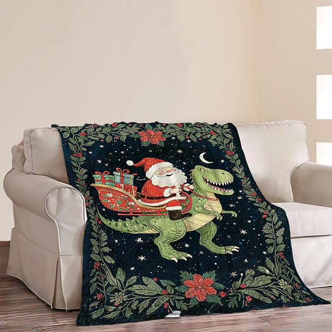 Dinosaur Blanket Christmas Santa Claus Dinosaur Throw Blanket Soft Cozy Fleece Fuzzy Plush Warm Stuff Bedding Nursery Toddler Baby Blankets Gifts for Boys Girls Kids Adult Men Women 60"X80"