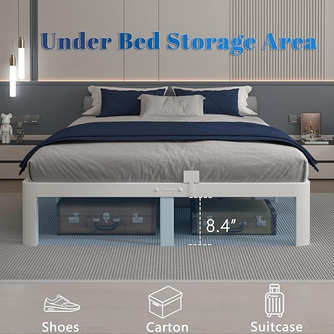 10 Inch Full Size Bed Frame, White Bed Frame Full with Metal Gaskets, No Box Spring Needed, Rounded Corner Design, Heavy Duty Steel Platform Support,Reserved Holes, Noiseless, Storage Space