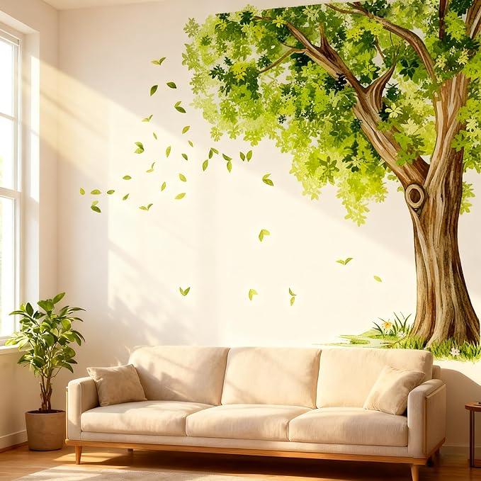 Large Green Tree Branch Wall Decals Hanging Vine Leaf Branch Wall Stickers Peel and Stick Wall Art Murals Decor Vinyl for Bedroom Living Room TV Background Wall Decor