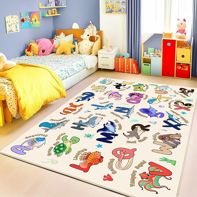 Kids Rugs for Playroom, 5x7 Feet Educational Rug for Learn The ABC Alphabet, Soft Machine Washable Non-Slip Cute Marine Organisms Carpet for Classroom Toddler Nursery Kids Room Decor, Beige