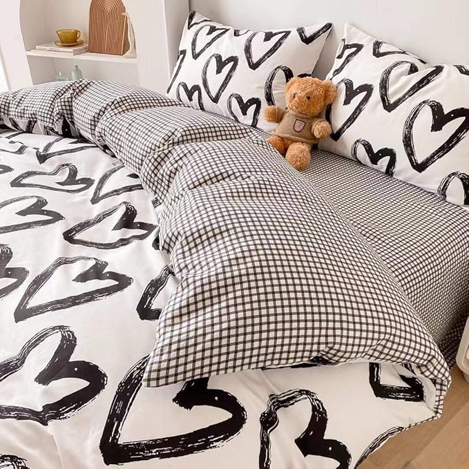 Houseri Love Duvet Cover Twin Heart Shaped Bedding Sets White and Black Duvet Cover for Toddlers Boys Girls Love Heart Bedding Duvet Covers Twin Size