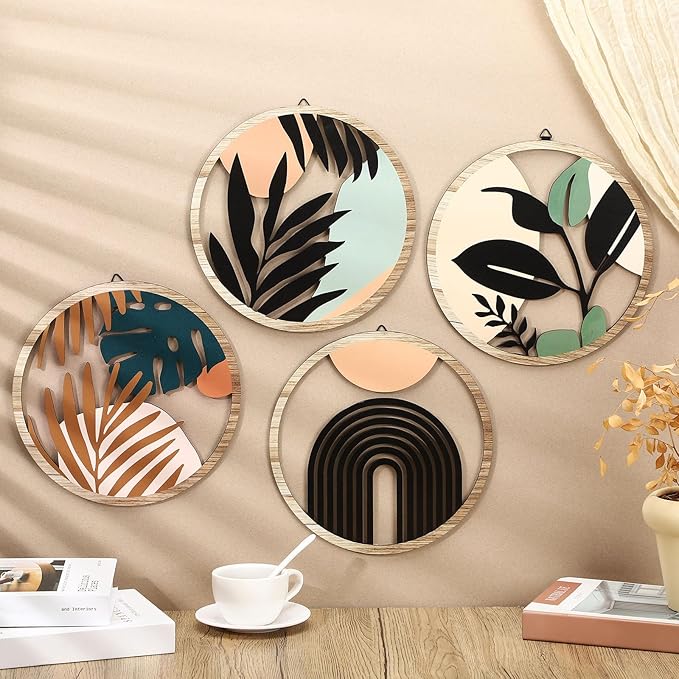 Qunclay 4 Pieces Boho Wall Art Wooden Round Wall Decor Hollow-out Hanging Art Nursery Decor Farmhouse Geometric Hanging 10 Inch Aesthetic Wood Minimalist for Apartment Bedroom Bathroom Gift(Elegant)