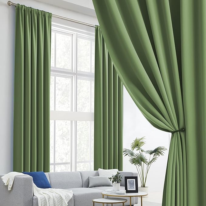 DUALIFE Green Curtains 102 Inches Long 2 Panels - Blackout Thermal Insulated Sage Panels Window Drapes for Living Room Back Tab and Rod Pocket
