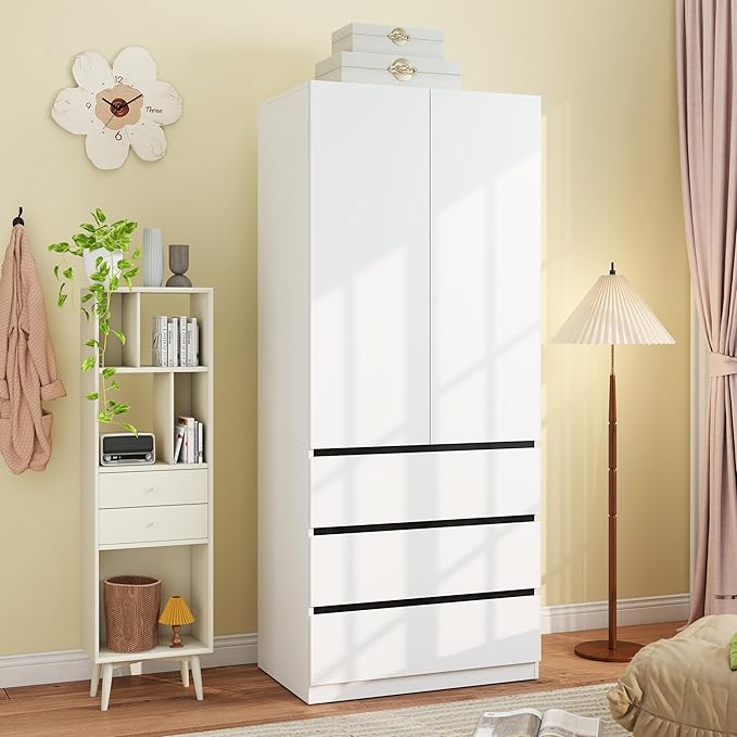 Armoire Wardrobe Closet with Drawers：75" Large White Wardrobe Closet Cabinet with 2 Doors for Hanging Clothes, Modern Wooden Bedroom Armoires with 3 Drawers and Storage (B-Style, 31.5")