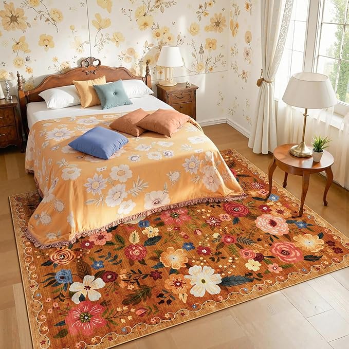 8x10 Washable Area Rug for Living Room, Floral Non-Slip Non-Shedding & Easy Care, Large Soft Low Pile Indoor Floor Carpet for Living Room, Bedroom, Farmhouse, Dining Room, Kids Playroom, Orange