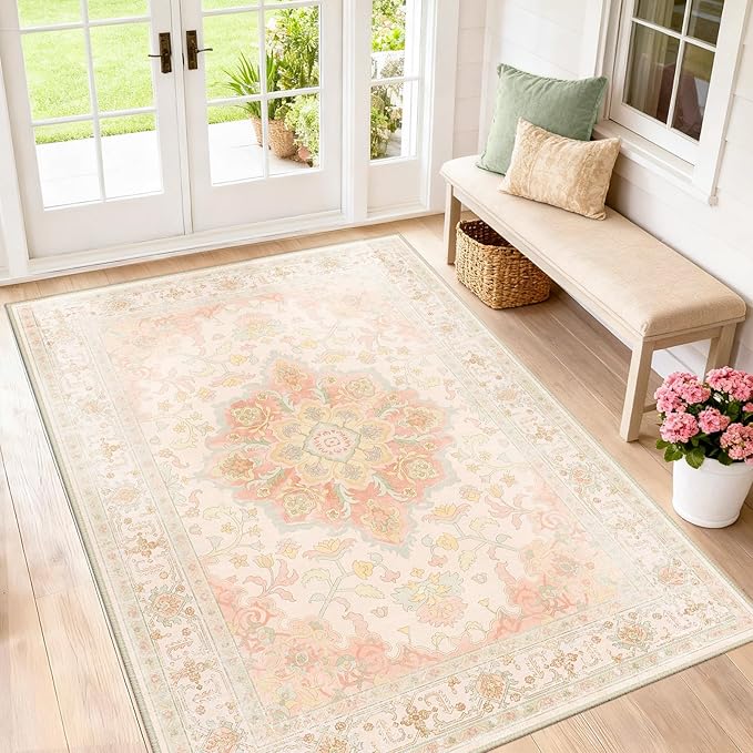 Machine Washable Rugs Nursery Rug 4x6 Cute Girl Non Slip Low Pile Water Repellent Soft Print Pattern for Bedroom Indoor Decor Kids Playroom Pinkgreen