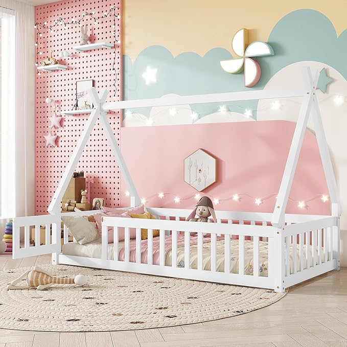 Twin House Bed Frame with Fence Rails and Door,Wood Montessori Floor Bed with Slats Support,Teepee Tent Beds Kids Bed Frames for Girls Boys, White