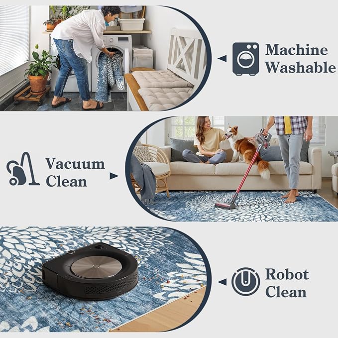 Dahlia Washable Runners for Hallways, 2x6 Blue Floral Kitchen Runner Rug,Non Slip Low Plie Hallway Rug,Boho Soft Non Shedding Carpet Runner for Bathroom Bedroom Laundry,Blue
