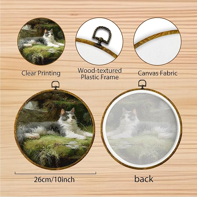 Hiuwevt Vintage Cat Round Wall Art Decor, Cat Mom Lovers Gifts for Women Framed Canvas Prints, Rustic Cottagecore Kitten Round Wall Hanging Decor for Home Bedroom Living Room Decorations, 10x10 Inches