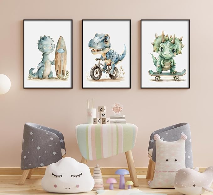 Funny Dinosaur Nursery Canvas Wall Art Surfing Skateboard Riding Dinosaur Painting Picture Wall Decor Sport Nursery dinosaur Print Artwork Poster Print Artwork for Boys Room Girls Room Home Decoration