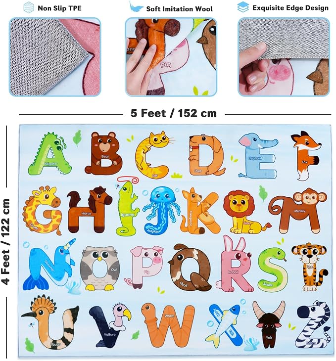 Kids Rugs for Playroom, 4x5 Feet Educational Rug for Learn The ABC Alphabet, Soft Machine Washable Non-Slip Cute Animal Carpet for Classroom Toddler Nursery Kids Room Decor Mat, Blue
