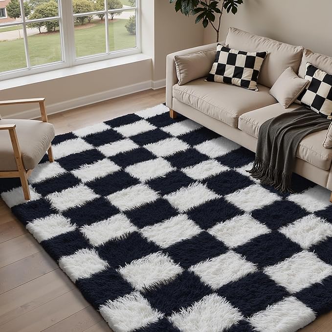 Checkered Rug 5x7 for Living Room, Black and White Modern Shag Rug Super Soft Washable Indoor Fuzzy Carpet Non-Slip Fluffy Rugs for Bedroom Home Aesthetic Decor
