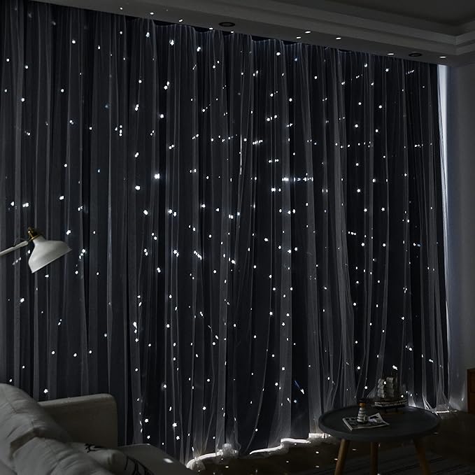 Kinryb Kids Blackout Curtains for Bedroom/Living Room/Classroom, Sheer Overlay 2 Free Tiebacks, Double Layer Curtains with Star Cutout for Kids Room(Each Piece W70xL72 Inches 2 Pcs Stone Blue)