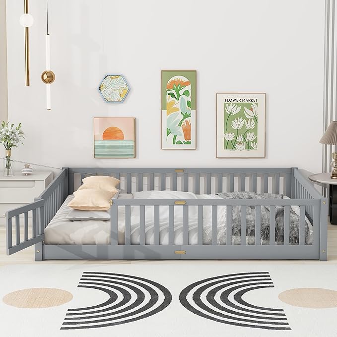 Queen Size Floor Bed for Kids, Wood Montessori Floor Beds with Fence Railings, Door & Slats Support, Queen Playhouse Bed Frame for Boys Girls, No Box Spring Needed, Gray