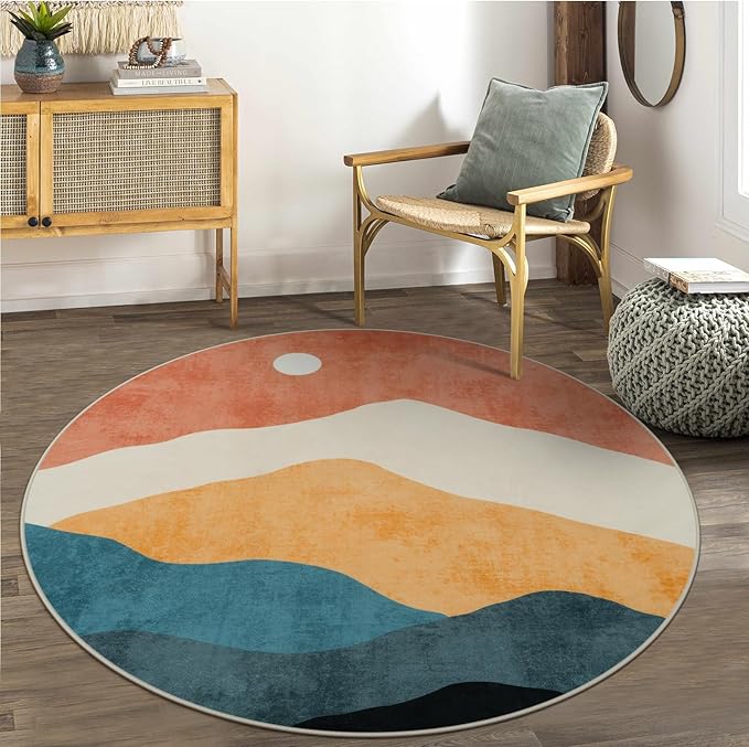 Abstract Round Rug for Bedroom 4ft, Faux Wool Soft Area Circle Area Rug, Boho Washable Low Pile Classroom Rugs, Carpet for Living Room Sofa Bathroom Nursery Kids Room Decor