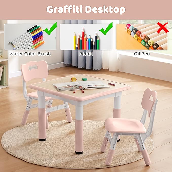 Kids Table & Chairs Set (2 Chairs) Height Adjustable for Ages 2-8 | Non-Slip Toddler Activity Table with Wipe-Clean Desktop, Montessori Learning & Art Drawing Tables for Home Preschool