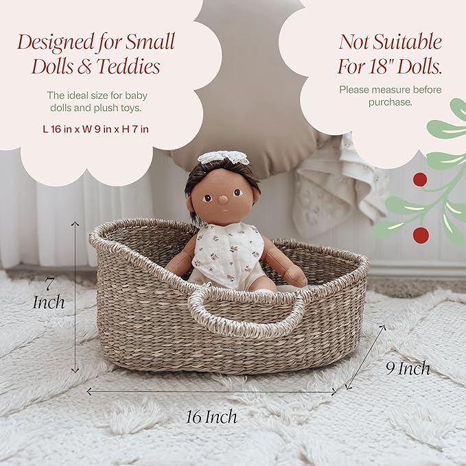 BEBE BASK Premium Baby Doll Bassinet - Handcrafted & Award-Winning Seagrass Moses Basket - Doll Carrier with Luxe Mattress