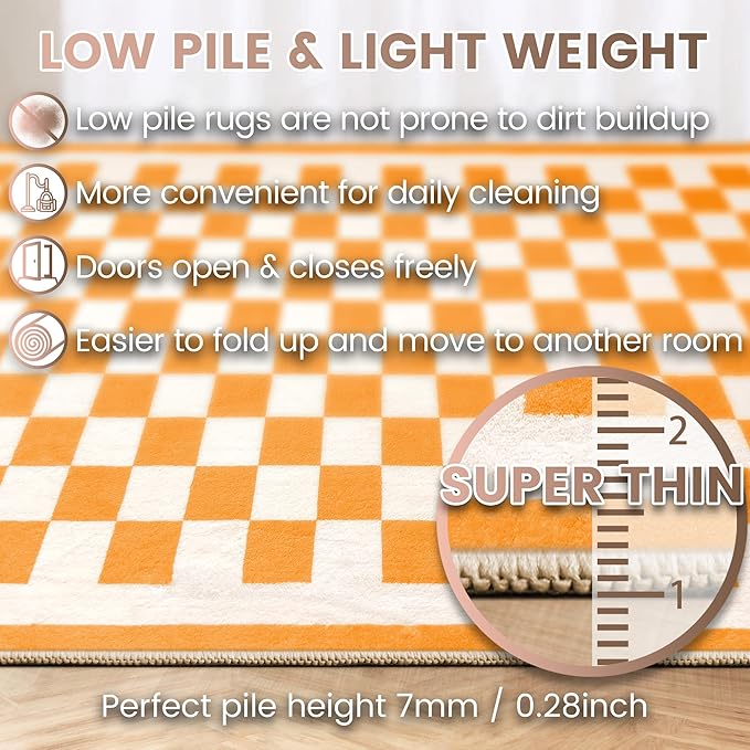 Washable 5x7 Checkered Area Rug for Living Room, Orange Checkerboard Modern Boho Large Rugs, Ultra Thin Low Pile Lightweight Indoor Carpet with Non-Slip Backing for Bedroom Kids Nursery Play Room