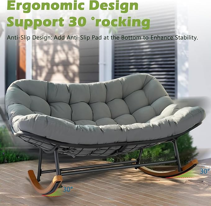Double Papasan Rocking Chair for Outdoor & Indoor, 660LBS Capacity Oversized Patio Rocking Chair for 2-Person with Cushion and Frame,Comfortable Rocker for Garden, Deck, Living Room,Grey