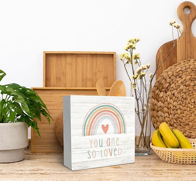 SRADMO You Are So Loved Rainbow Heart Wood Box Sign Desk Decor, Kids Inspirational Quotes Wooden Block Box Sign Decoration For Nursery Playroom Kids Room Shelf Table Decor