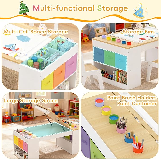 Kids Art Table and 2 Chairs Set, Wooden Craft Desk with 2 Storage Shelves, 6 Storage Bins & Paper Roll for Drawing, Learning and Reading, Toddler Activity Play Desk for Home, 47 L x23 W