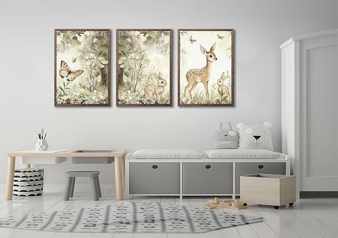 3Pcs Woodland Animal Nursery Canvas Wall Art Cute Forest Animal Wall Decor Pictures Deer and Butterfly Wildflowers Posters Prints for Nursery Bedroom Kids Room Home Decoration Unframed Posters 12X16in