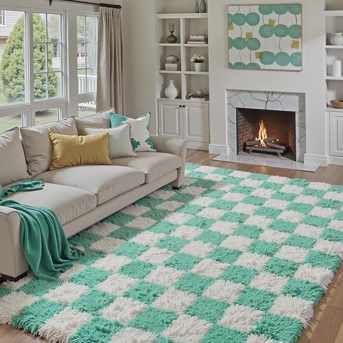 Checkered Rug 6x9 for Living Room, Green and White Modern Shag Rug Washable Non-Slip Large Area Rug Super Soft Indoor Fuzzy Carpet Fluffy Rugs for Bedroom Home Aesthetic Decor