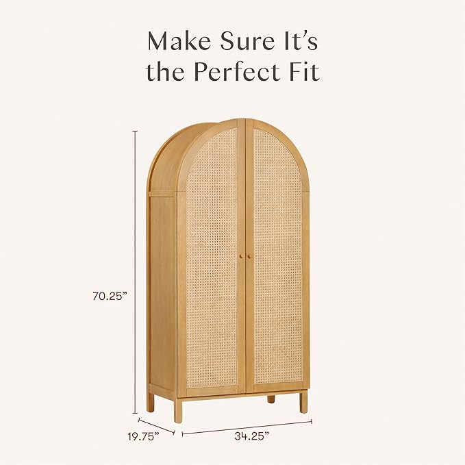 Babyletto Bondi Cane Armoire Wardrobe Closet with Doors | Modern Pre-Assembled Spacious Wooden Wardrobe Cabinet w/ 4 Storage Shelves | Wood Closets for Bedroom & Nursery - Honey