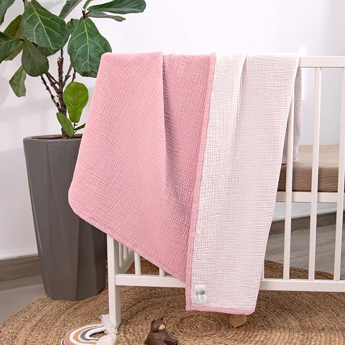 lulumoon Muslin Baby Blanket - Cotton Quilt Blankets for Toddlers - Reversible Nursery Crib Blanket for Baby Boys and Girls 47"x47"(Pink)