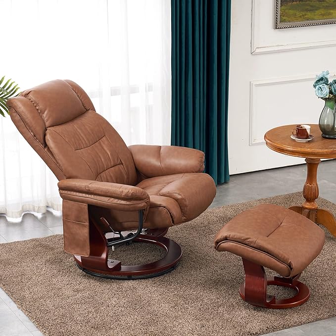 MCombo Swivel Recliner with Ottoman, Faux Leather TV Chair with Vibration Massage, Ideal for Small Space, Living Room & Bedroom 4734 (Saddle)