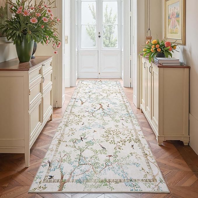 jinchan Yarden Ivory Botanical Birds 3x8 Runner Rug for Hallway Washable Non Slip Soft Nature Plants Modern Runner Carpet Vintage Ultra Thin Low Pile Rug for Entryway Living Room Laundry