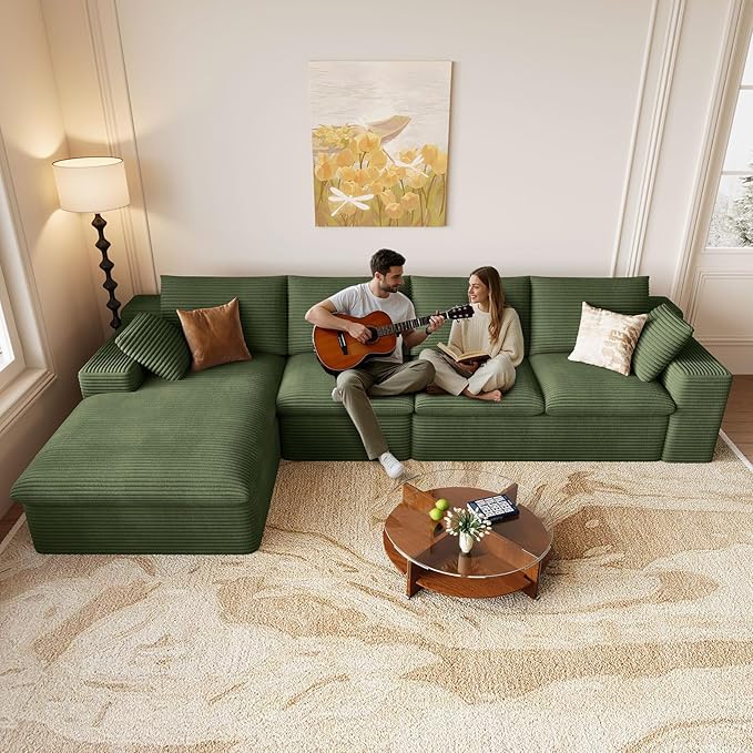 136 Inch Cloud Sectional Couch, Modern Modular Sectional Sofa with Deep Seat, Corduroy Boneless Couches with L-Shape Chaise for Living Room Bedroom, No Assembly Required (Green, Left Facing Chaise)