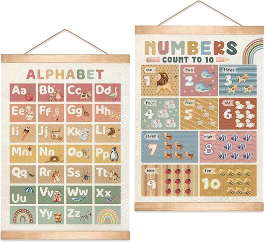 Kids Alphabet and Numbers Educational Chart Set of 2 for Classroom Decor,Colorful Educational Poster for Toddlers 1-3,Toddler Learning Poster for Kids Ages 3-5 for Nursery Playroom,Classroom Must Haves 14x18.5Inch(Colorful-01)
