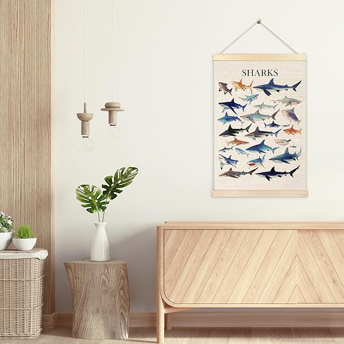 Ecezatik Watercolor Sharks Wall Art with Wooden Poster Hanger, Shark Posters, Beach Room Decor, Ocean Room Decor, Shark Wall Art Decor for for Classroom Nursery Kids Room Playroom, 16x24 Inch