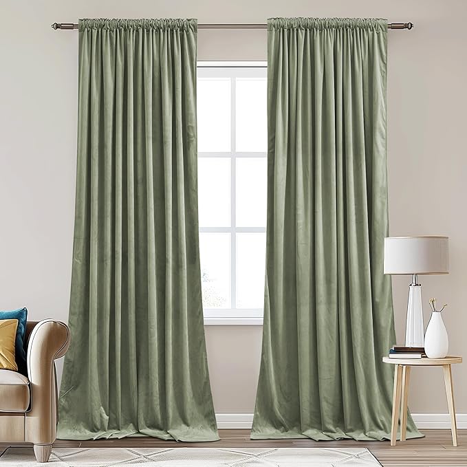 StangH 90 inch Length Sage Green Velvet Curtains Heavy Thick Privacy Room Dividers, Room Darkening Thermal Insulated Panels for Bedroom Dining Room, W62 x L90, 2 Panels