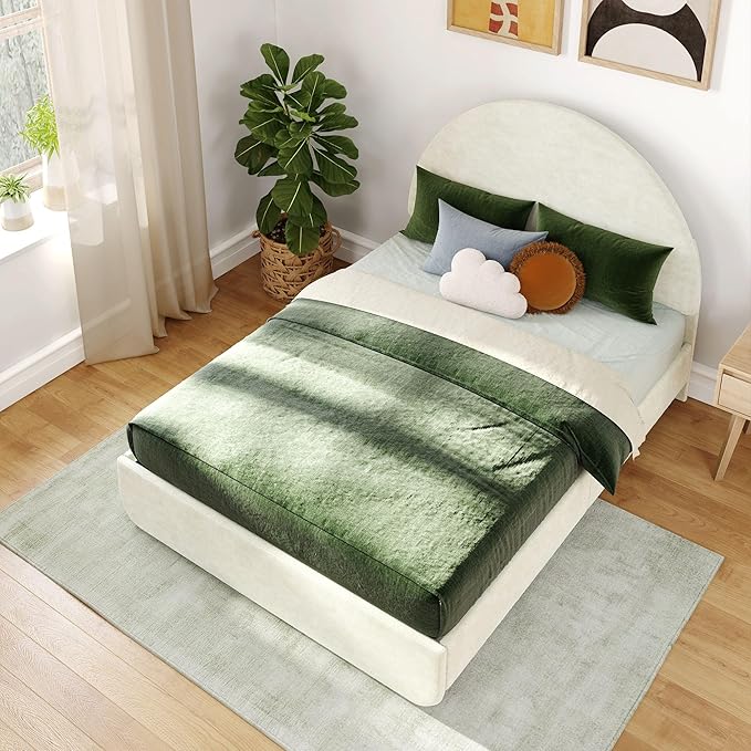Max & Lily Upholstered Full Bed Frame with Arch Headboard, Upholstered Platform Bed for Kids, No Box Spring Needed, Easy Assembly, Cream