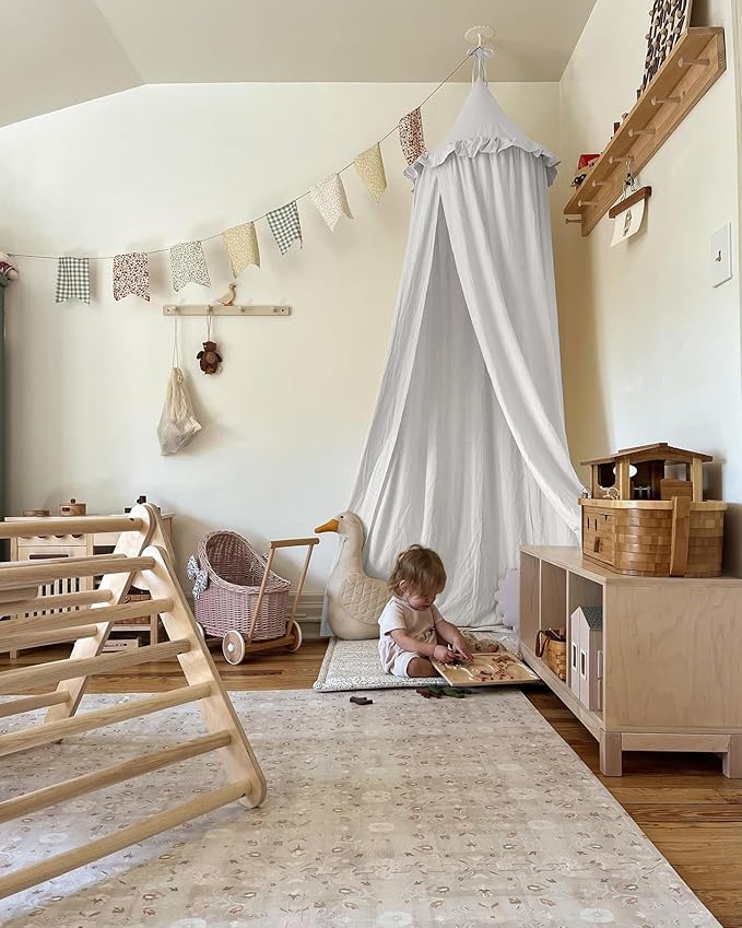 JIKAL Kids Bed Canopy with Ruffles Cotton Hanging Tent Frills Curtain Net for Baby Nursery Room Children Reading Nook Decor