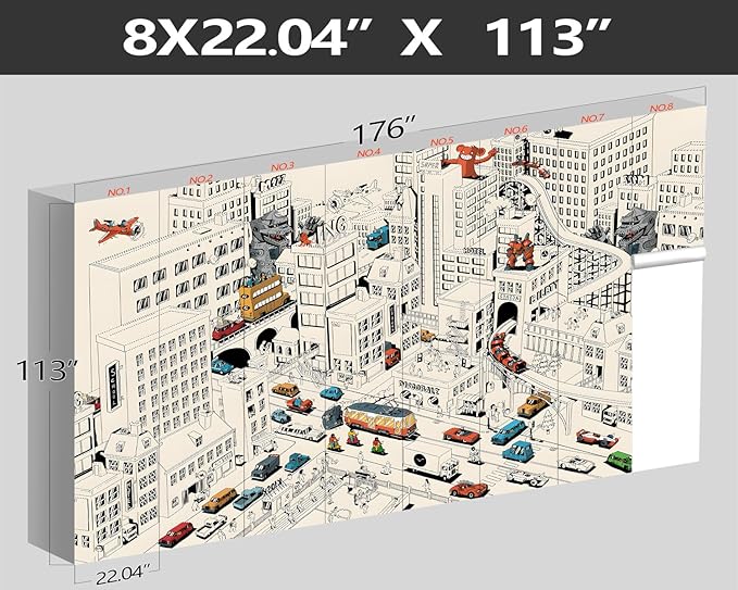 XMPMBM-Cartoon Comics City Nursery Room Fabric Wallpaper Kids Bedroom Hand-Painted Graffiti Wall Mural-W 176" X H 113"（138 Square Foot）